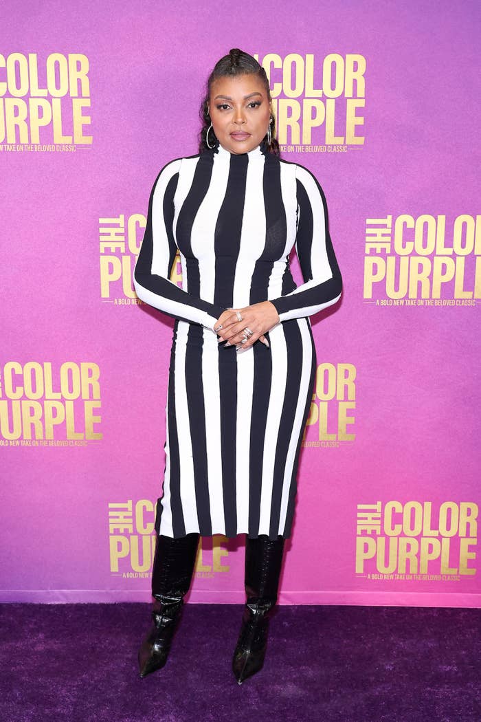 Taraji at a media event in a long-sleeved striped dress