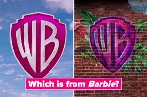 Two separate Warner Bros logos, one in pink and white and one in purple, pink, and blue.