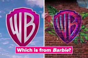 Two separate Warner Bros logos, one in pink and white and one in purple, pink, and blue.