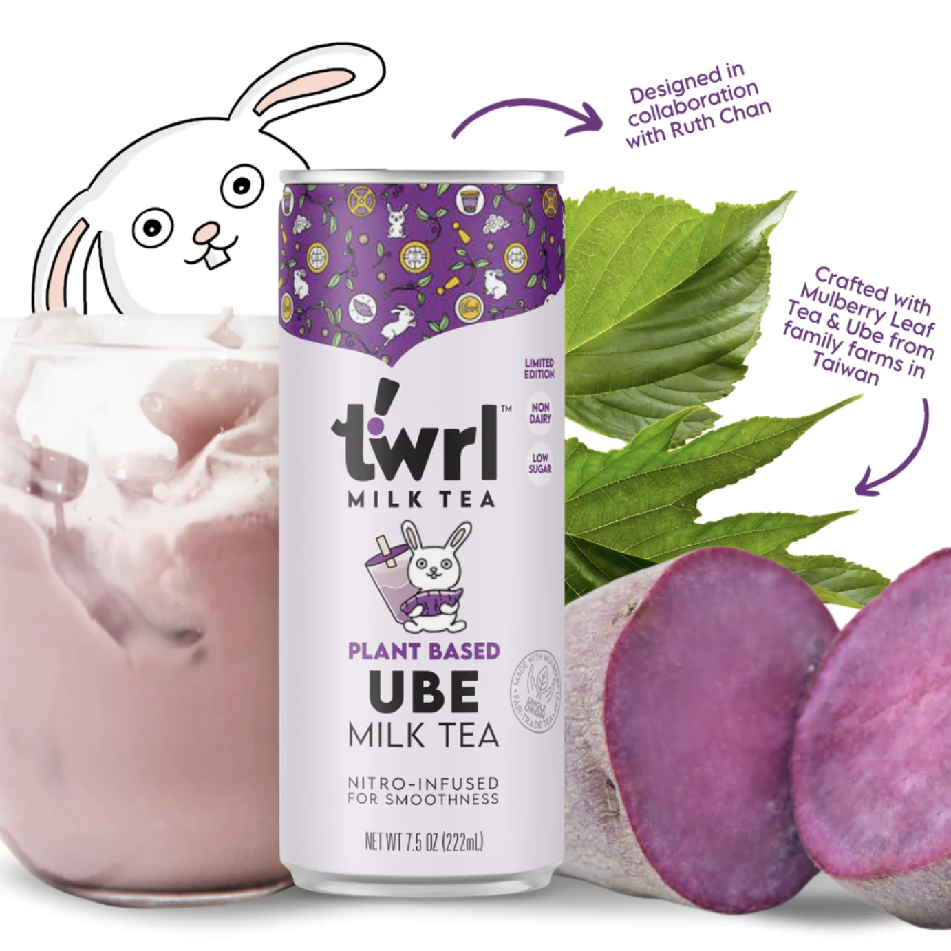 Can of milk tea surrounded by cartoon bunny, ube milk tea in glass, and ingredients.