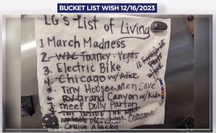 LG&#x27;s List of Living, including 1) March Madness, 2) WAC Tourney - Vegas (crossed out), 3) Electric bike, 4) Chicago w/Alice (crossed out), 5) Tiny house/man cave, 6) RV Grand Canyon w/kids, and 7) Meet Dolly Parton
