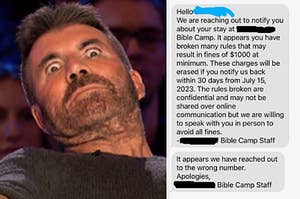 shocked simon cowell next to texts from a bible camp saying someone broke rules and owes money