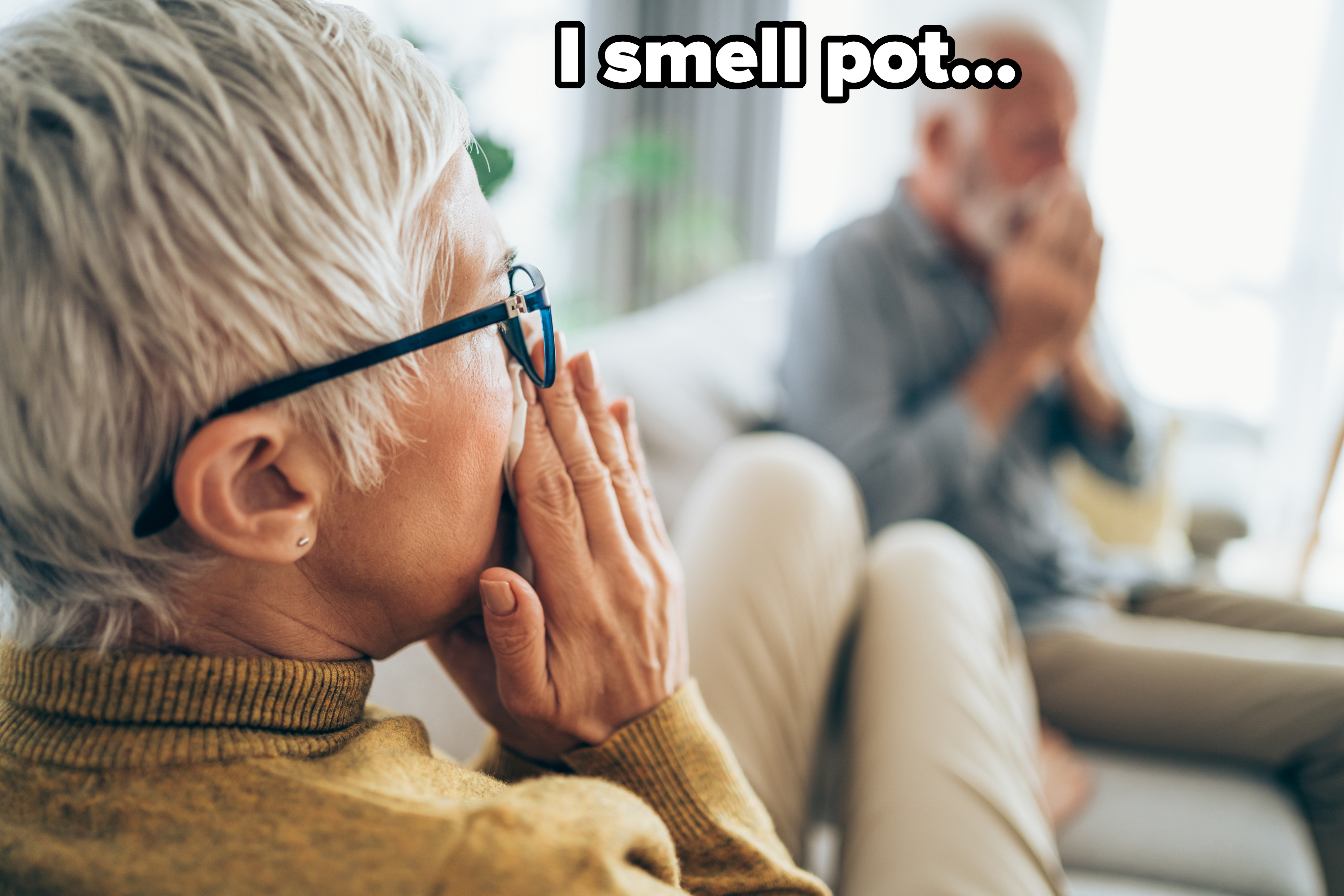 Older couple on a couch touching their noses with caption &quot;I smell pot&quot;