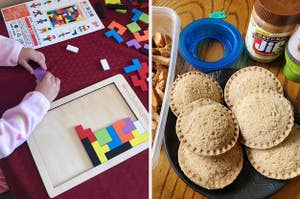 on the left a wooden puzzle, on the right an uncrustable maker