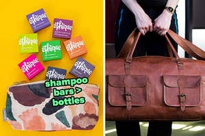 an assortment of colorful shampoo bars / model holding leather duffel