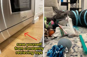 a reviewer's oven with plastic under it "save yourself from constantly retrieving toys" / writer's cat surrounded by toys
