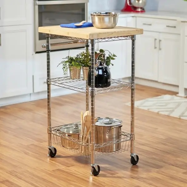 rolling kitchen cart with pots, pans, and cooking utensils