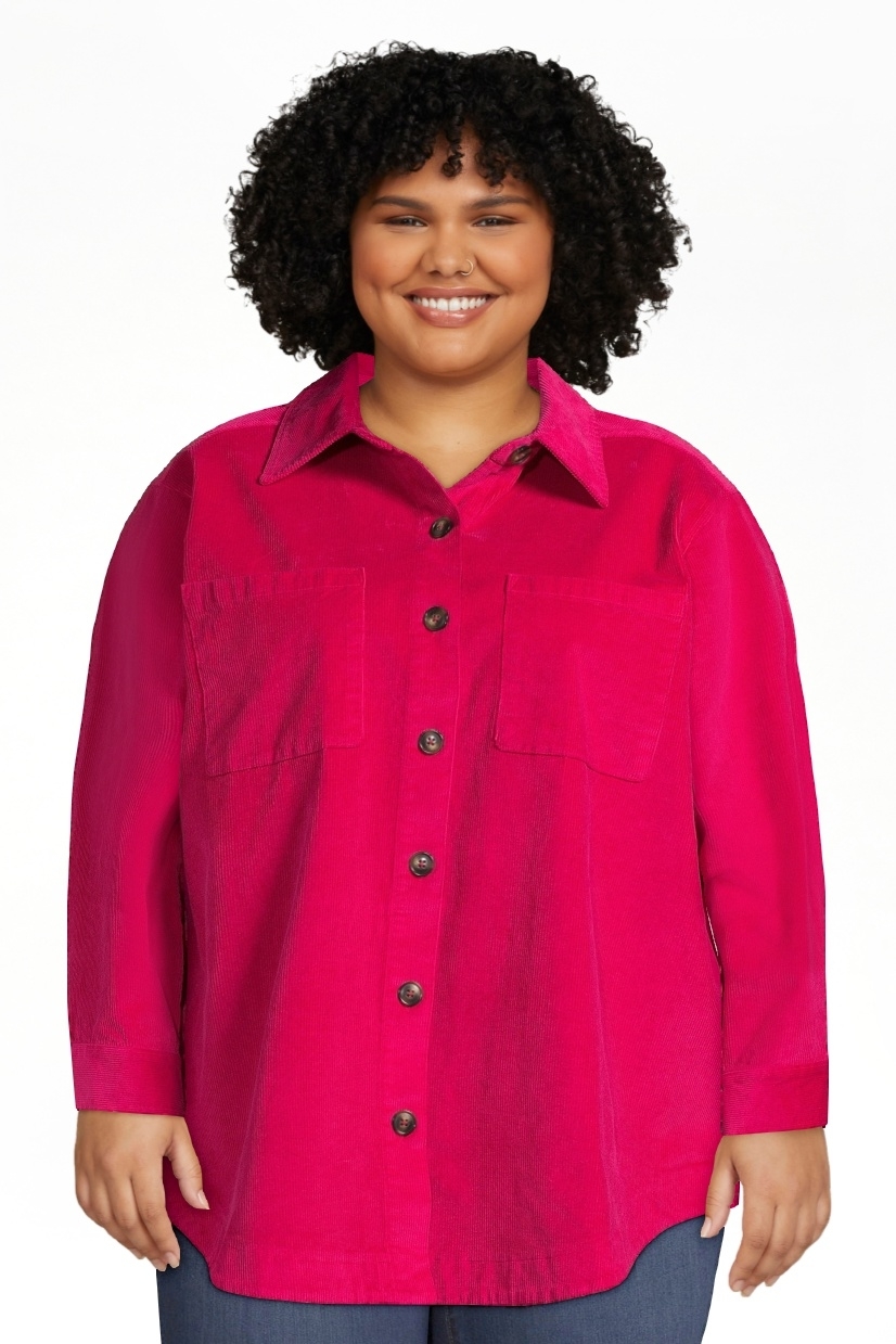 model wearing the pink shacket