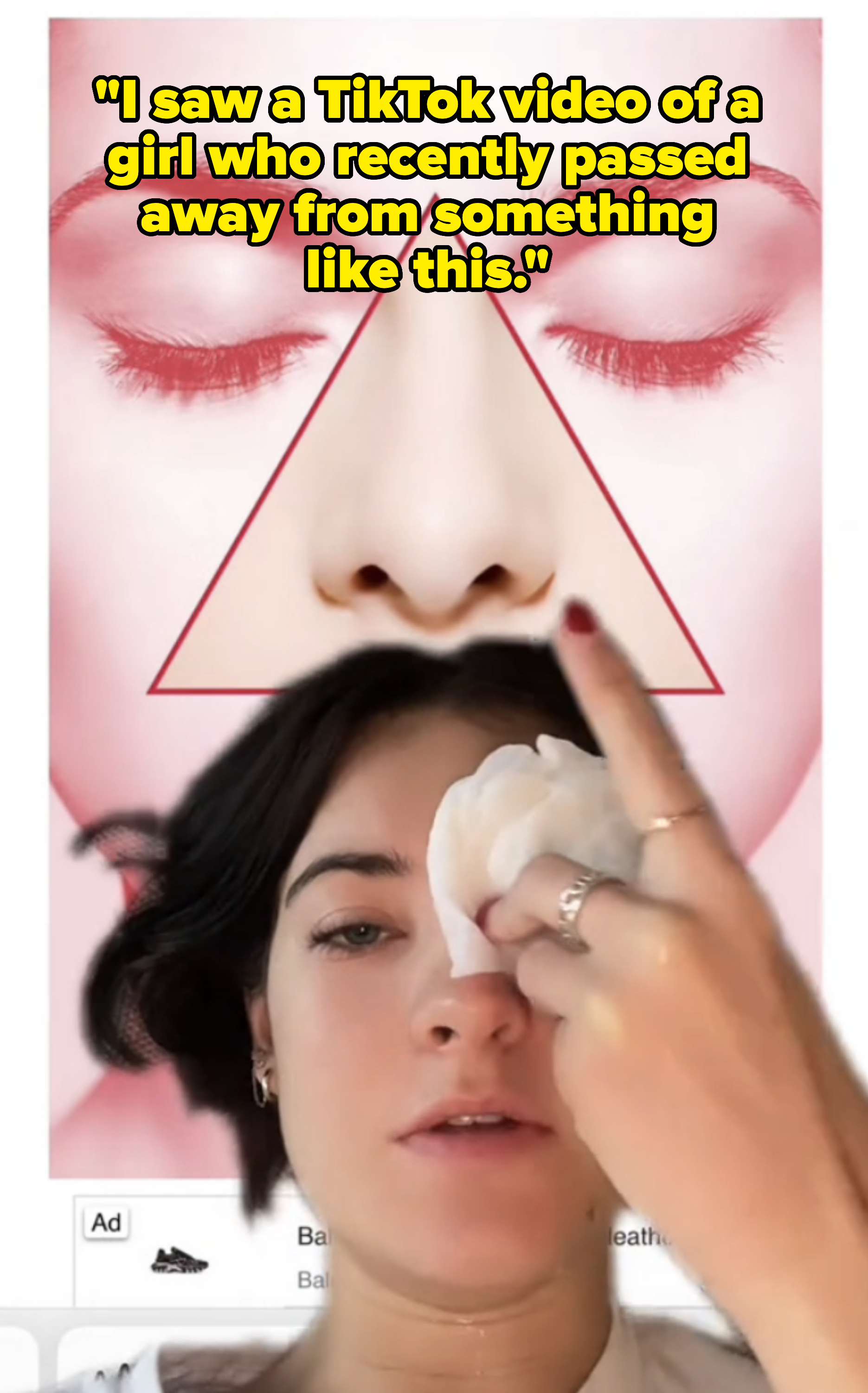 Brooke Hyland covering her eye while pointing to a diagram with caption &quot;I saw a TikTok video of a girl who recently passed away from something like this.&quot;