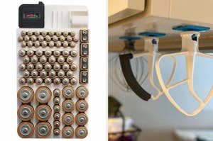 batteries in holder, kitchen aid attachments stored on underside of kitchen cabinet