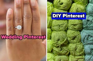 Hand wearing engagement ring next to a separate image of yarn.