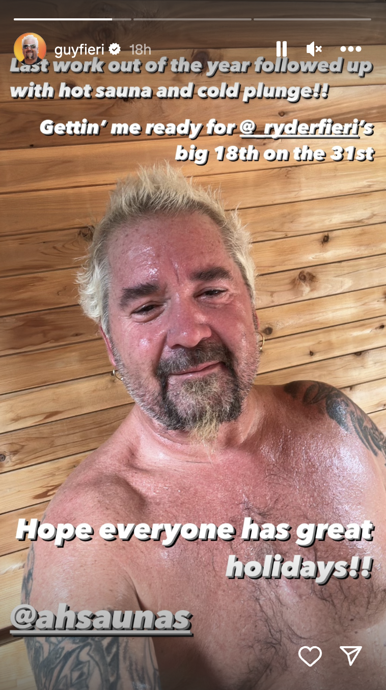Screenshot of Guy in his sauna, with &quot;Last workout of the year followed up with hot sauna and cold plunge!!&quot; and &quot;Hope everyone has great holidays!!&quot; caption