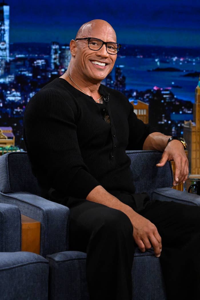Close-up of Dwayne on a talk show smiling