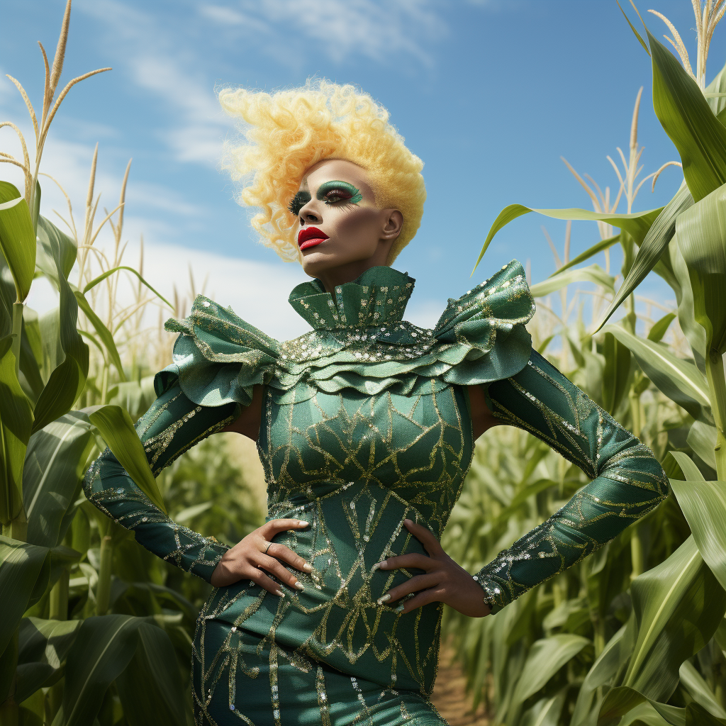 person in a corn field wearing a tight leather dress that&#x27;s long sleeved with gold detailing and a high neck