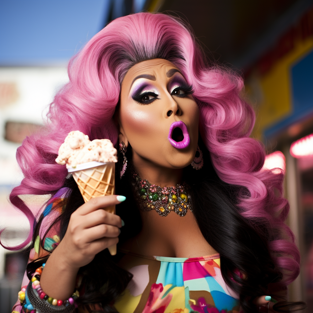 person holding an ice cream with bright long hair and colorful top