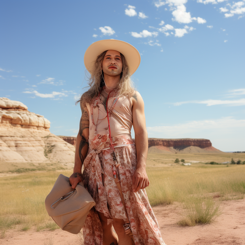 person wearing a hi-low prairie style dress and sun hat