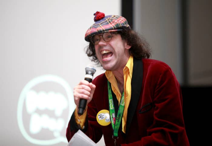 Nardwuar the Human Serviette speaks onstage at &#x27;Nardwuar&#x27;s Video Vault&#x27; during the 2016 SXSW Music, Film + Interactive Festival at Austin Convention Center on March 19, 2016