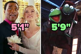 On the left, Peter and Juliet from Love Actually smiling on their wedding day labeled five foot one, and on the right, Kermit the Frog holding his nephew Robin as Bob and Tiny Tim in A Muppet Christmas Carol labeled five foot nine