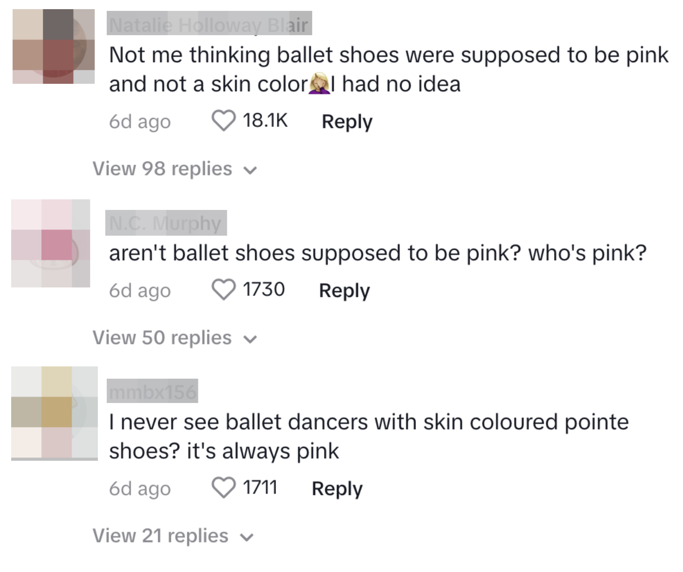 Screenshot of TikTok comments, including &quot;Not me thinking ballet shoes were supposed to be pink and not a skin color I had no idea&quot;