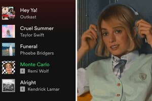 A playlist with the songs "Hey Ya!" and "cruel summer" on it next to a separate image of maya hawke holding headphones over her head