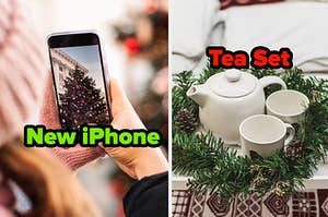iPhone taking a photo of a Christmas tree and a teapot and cups with a wreath.