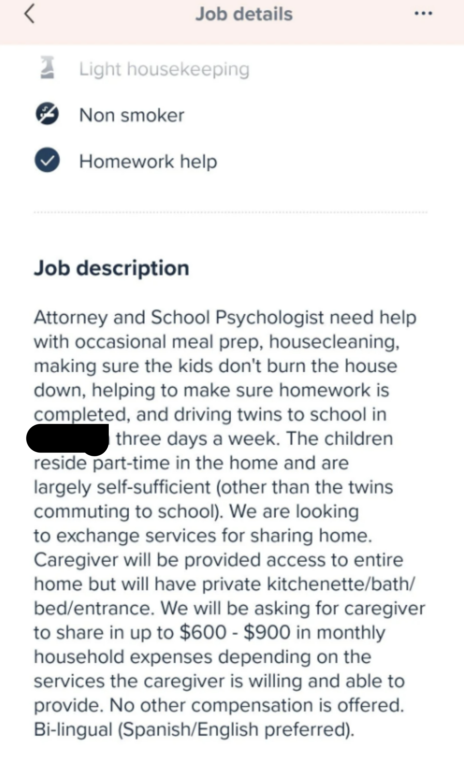 A job post asks for someone to live in their home, help with meal prep, house cleaning, and driving kids to school, and asks them to share in household expenses with no compensation