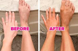 on left: reviewer's skin before self-tanner. on right: same reviewer's skin with a slightly tanned appearance after using a self-tanner