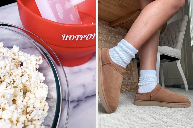 A red popcorn maker and a reviewer wearing white ankle socks with brown slippers