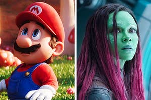 On the left, Mario from The Super Mario Bros Movie, and on the right, Gamora from Guardians of the Galaxy Vol 3