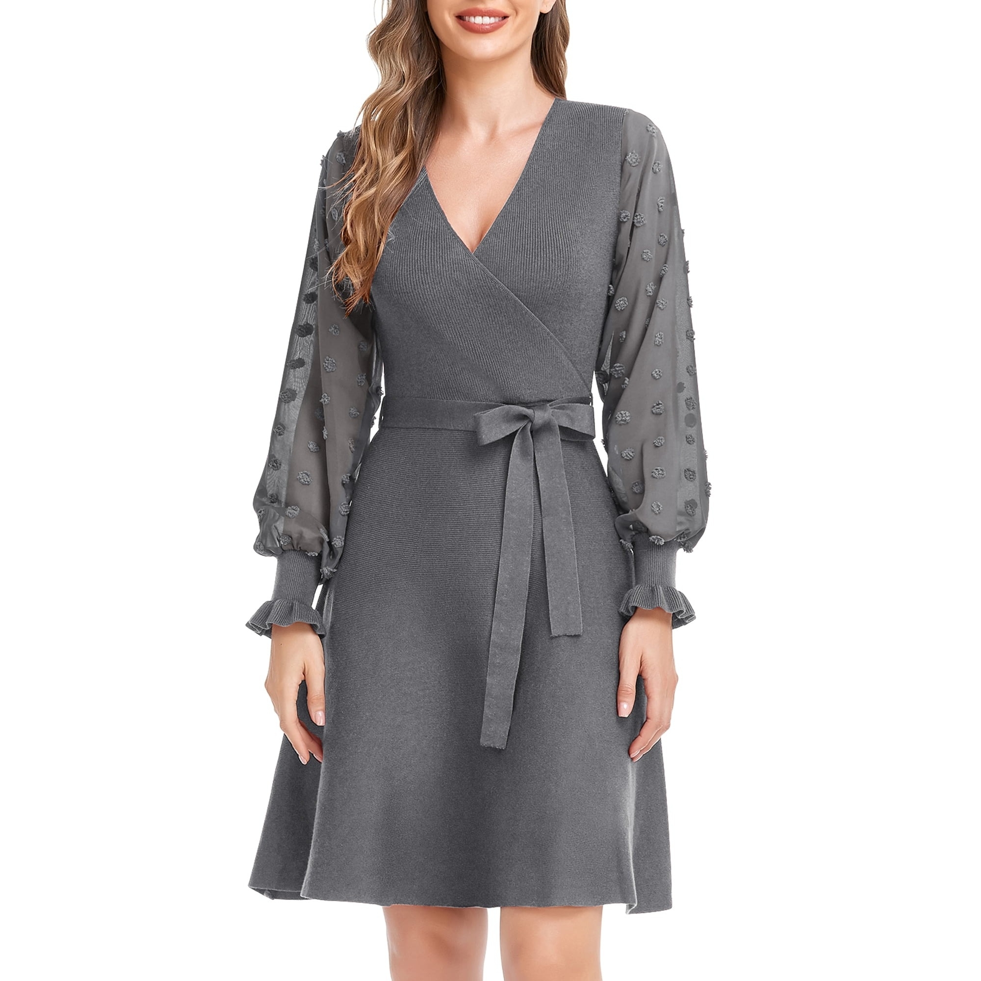 grey wrapped sweater dress on model