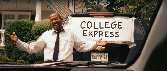 James from &quot;College Road Trip&quot; is showing off his car, which has a sign that says, &quot;College Express&quot;