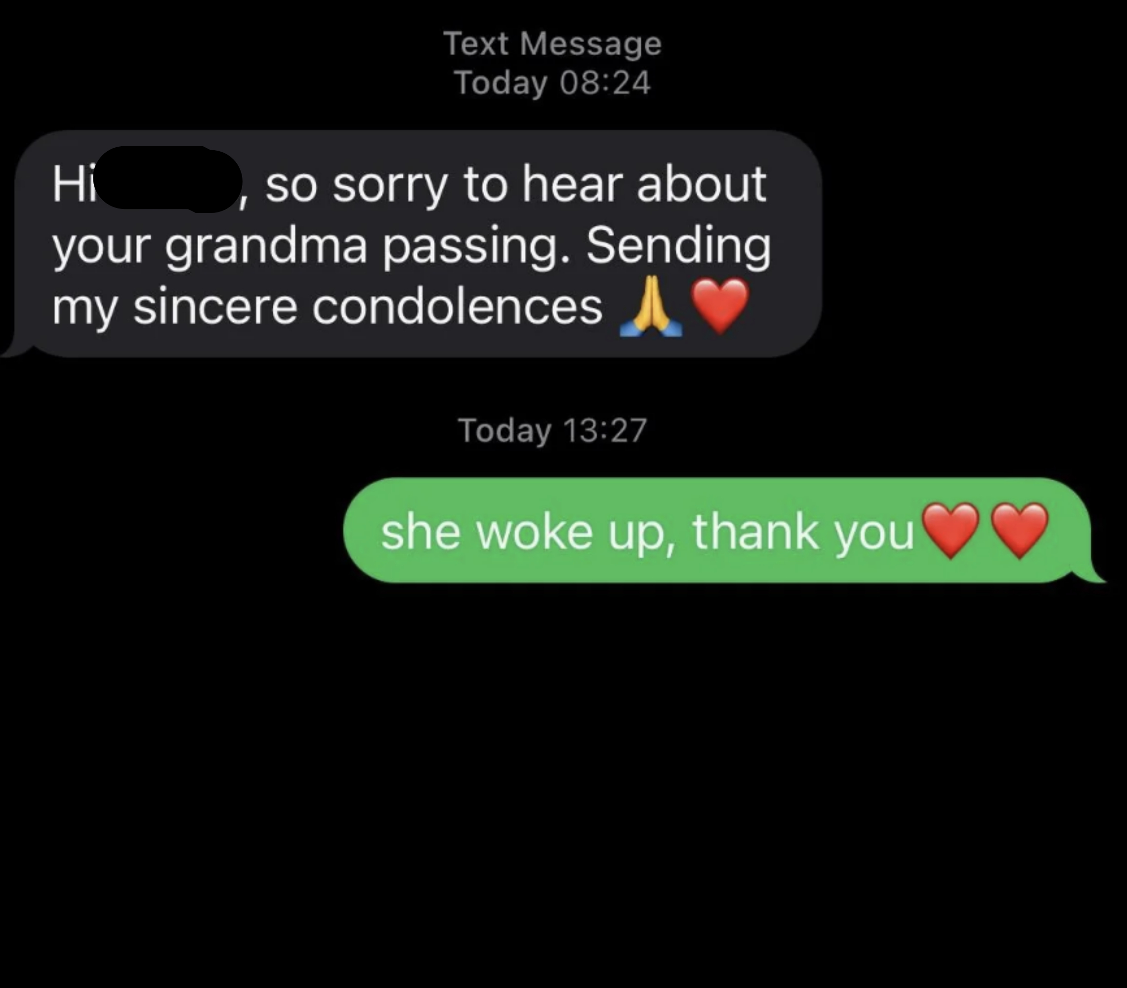 "she woke up, thank you"