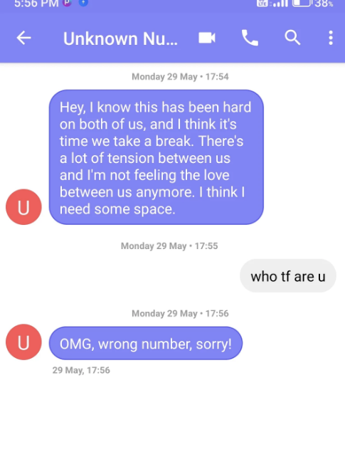 "OMG, wrong number, sorry!"