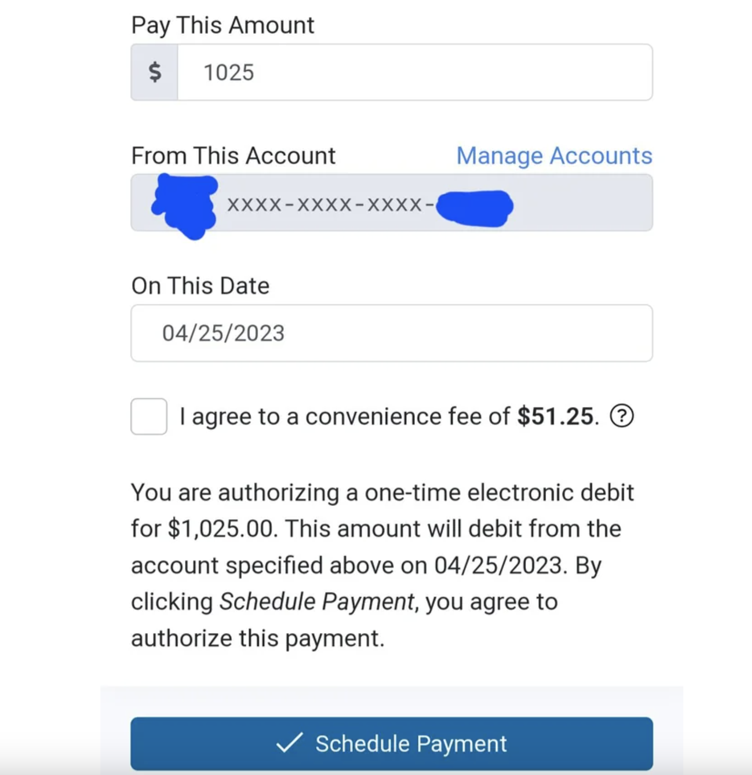 A rent portal charging $51.25 for a convenience fee