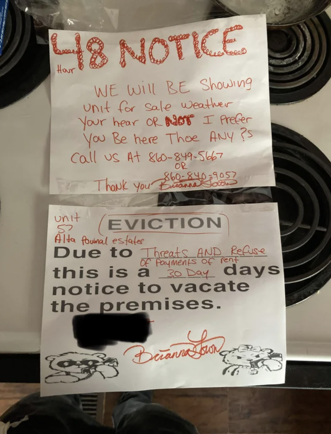 A hand-filled-in notice from a landlord