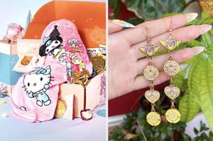 on left: Bokksu's Hello Kitty And Friends Snack Box Subscription Box . on right: dangling Sailor Moon-inspired earings