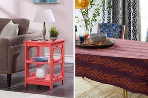 coral side table, blue chair, burgundy tablecloth