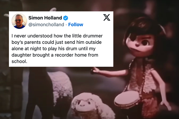 A tweet from Simon Holland: "I never understood how the little drummer boy's parents could send him outside alone at night to play his drum until my daughter brought a recorder home from school"