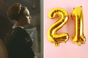 On the left, Adele sitting in a chair and looking out in the Rolling in the Deep music video, and on the right, a 2 balloon and a 1 balloon