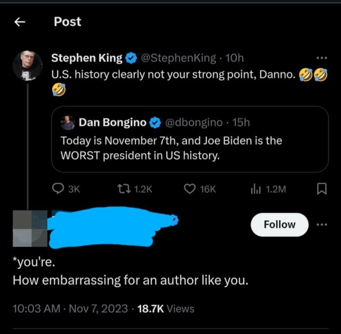 Stephen King tweeting at Dan Bongino &quot;history clearly not your strong point&quot; and a random user incorrectly correcting him with &quot;you&#x27;re&quot;