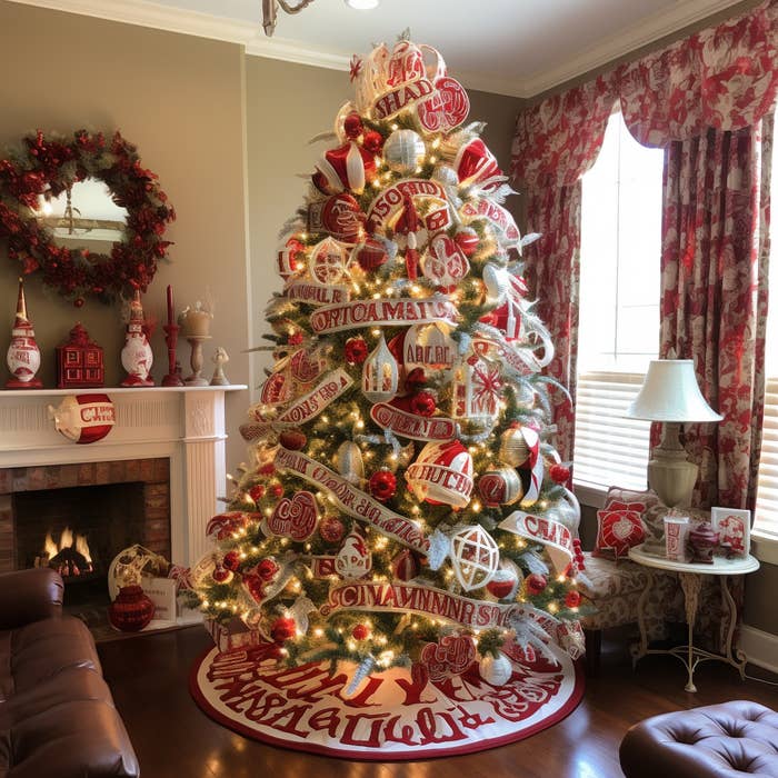 A Christmas tree covered in warm lights, big ornaments, and ribbon strung on throughout with a coordinating tree skirt surrounding the tree