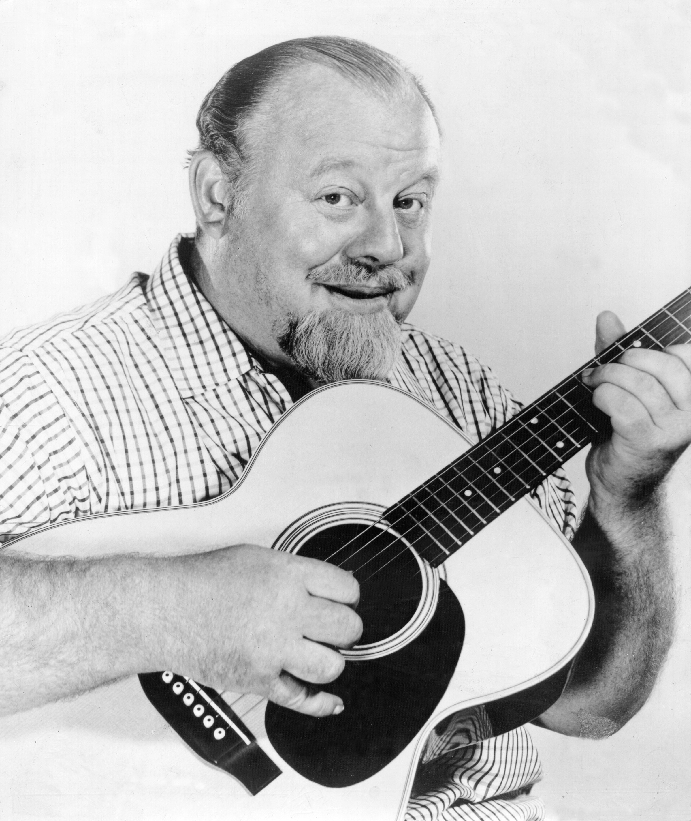 An older man with a receding hairline, large goatee, and mustache playing guitar