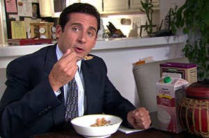 Micheal from "The Office" eating cereal.
