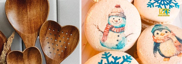 heart shaped wooden utensils and winter macarons