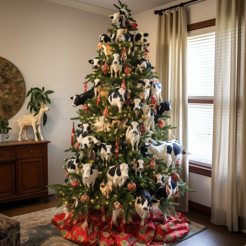 A tall Christmas tree in the corner of a room with a festive tree skirt underneath it covered in gold lights and cow ornaments