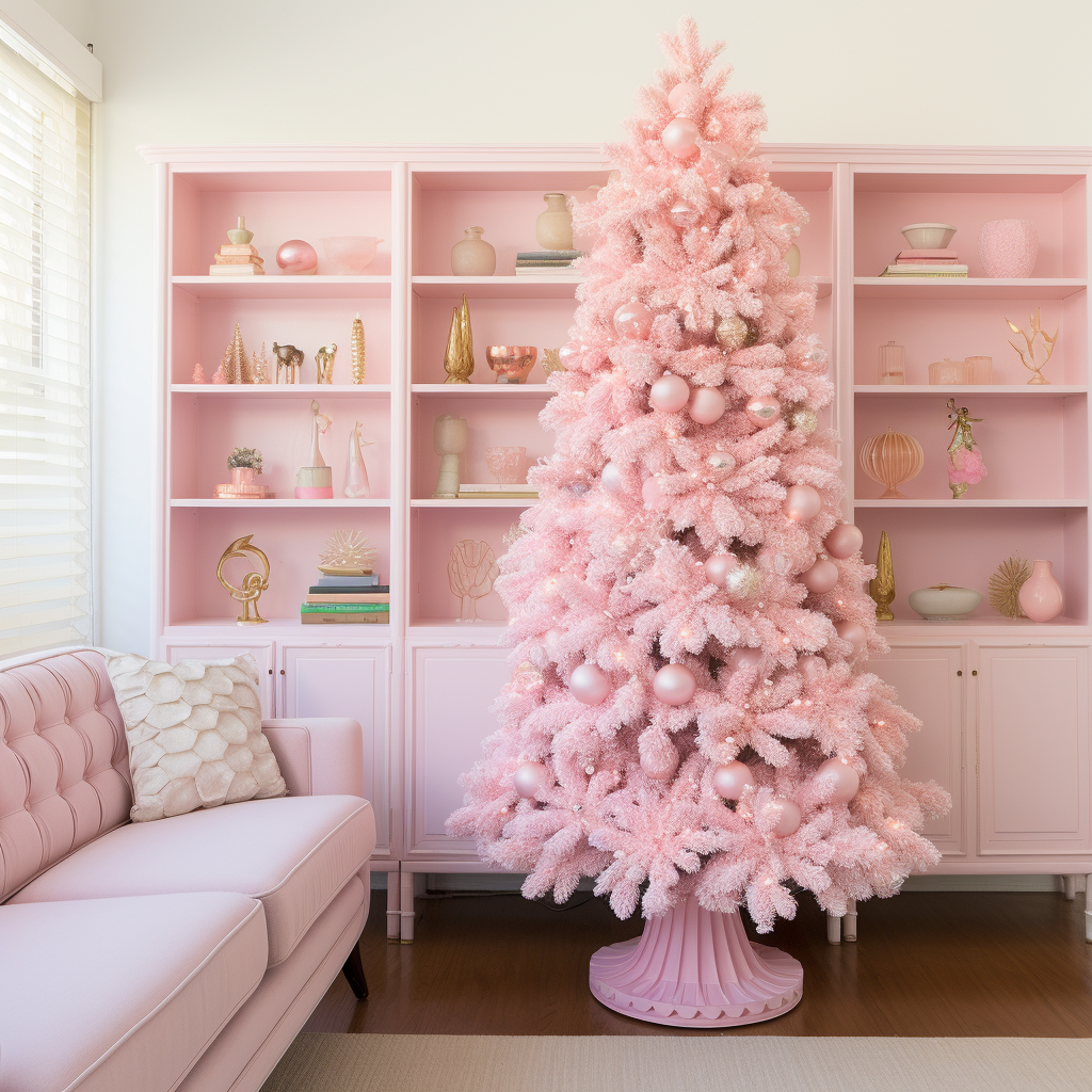 A Barbie-esque Christmas tree with soft lights and various coordinating bulb ornaments in a similarly Barbie-esque living room