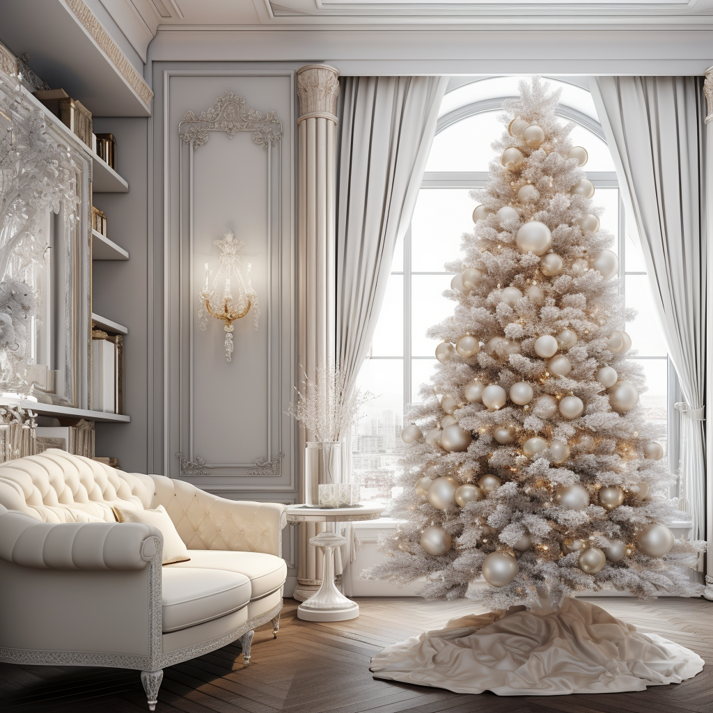 A chic Christmas tree with gold lights and various bulb ornaments, featuring a coordinating tree skirt underneath it