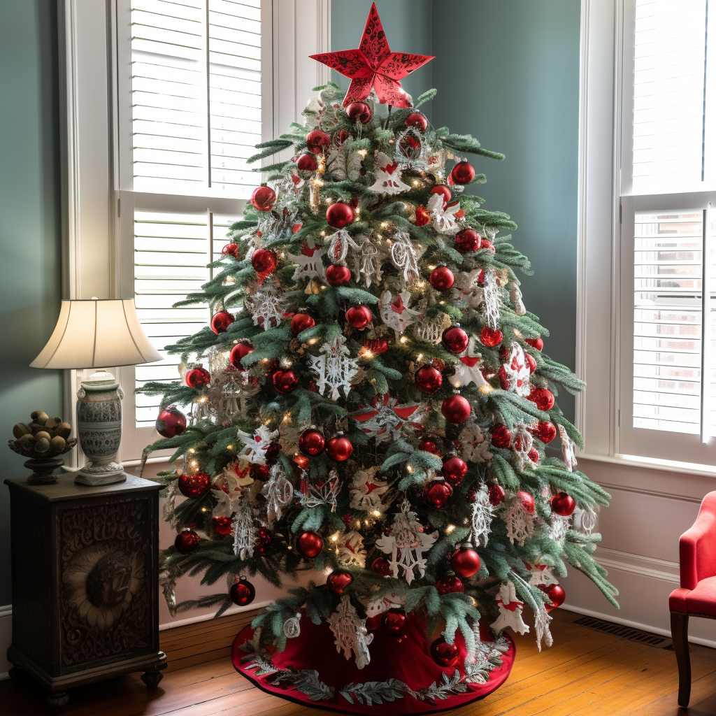a short and squat Christmas tree in the corner of a room with gold lights, bulb ornaments, snowflake-like ornaments, and a big, bold star on top with a festive tree skirt underneath it