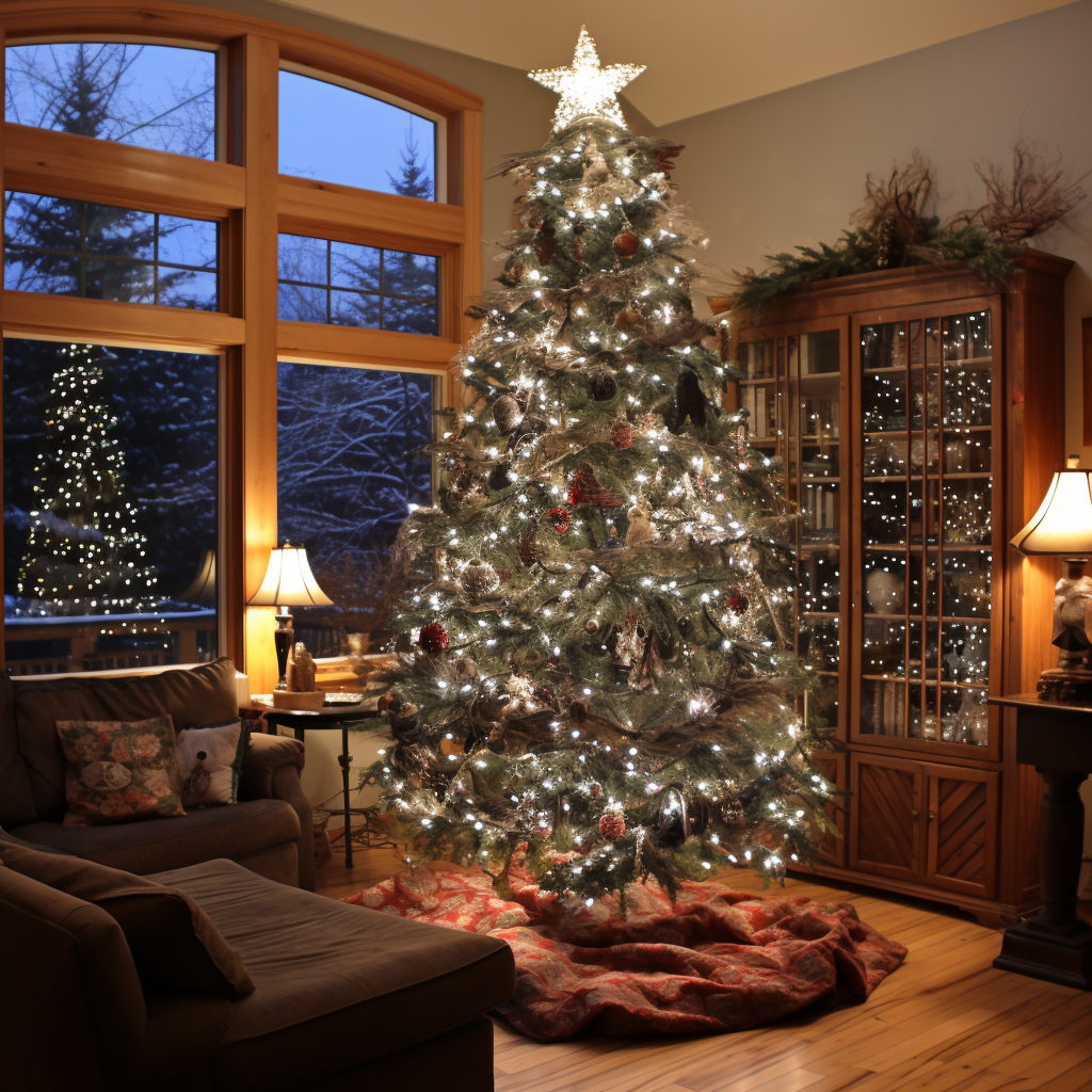 A big Christmas tree in the corner of a room at dusk with a blanket underneath it that&#x27;s decorated with silver-y lights and a few ornaments hear and there with a glowing star at the top