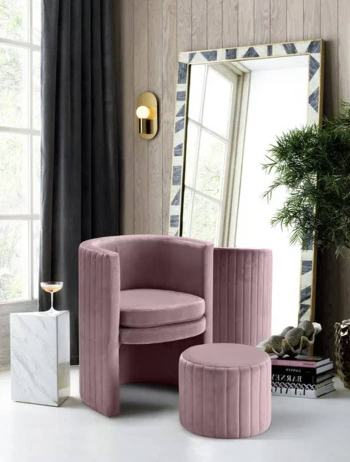 circular pink velvet ottoman and accent chair set